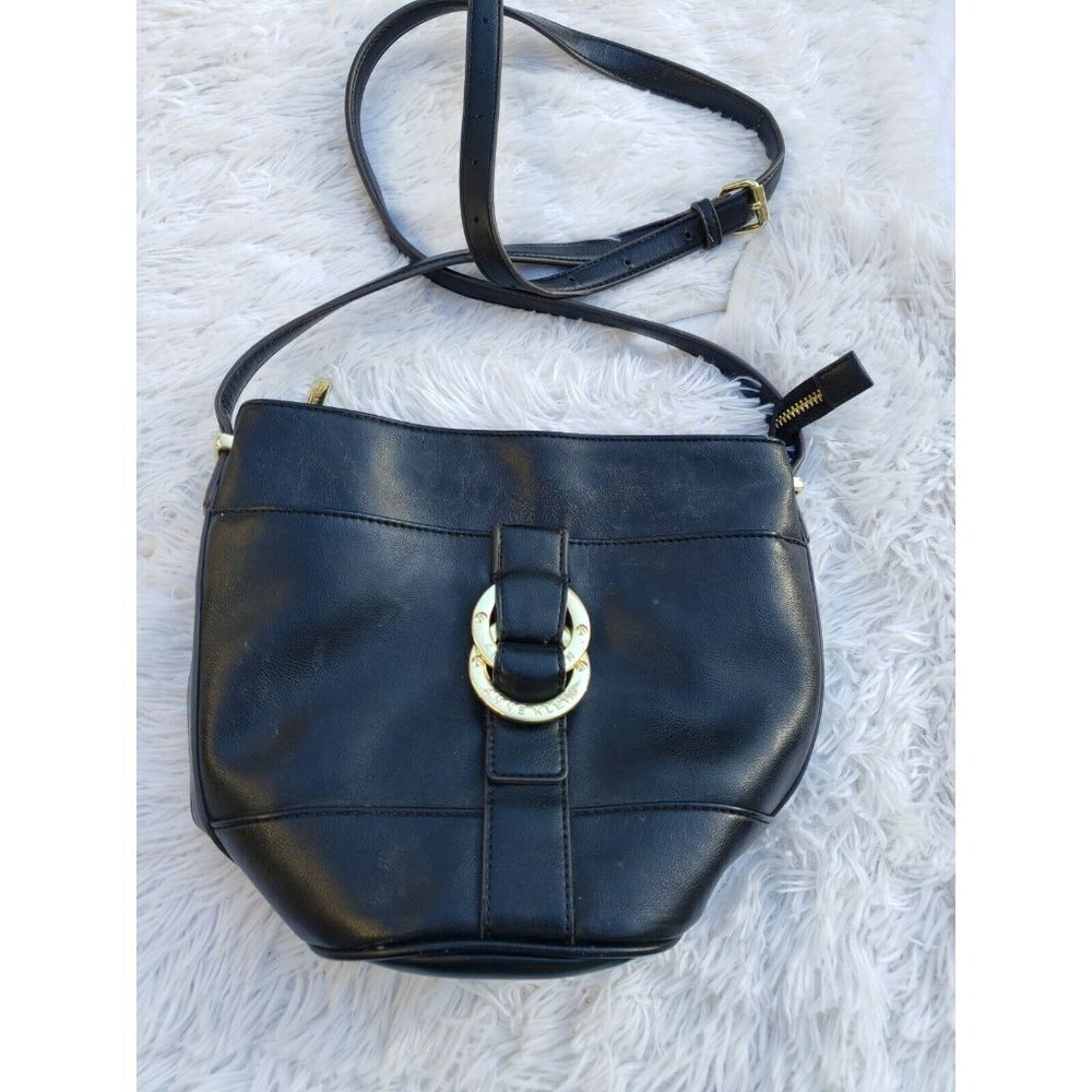 Anne Klein Handbag Purse Black Faux Leather Bucket Gold Accents